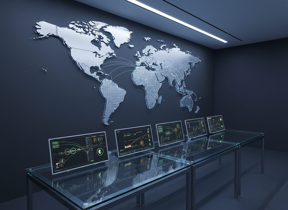 A sleek world map made of brushed metal panels, each continent subtly raised and etched with fine gridlines, dominates a dark matte wall in a high-end logistics control room. Below, a long glass-topped console is lined with minimalist monitors showing shipping routes, container icons, and fluctuating currency symbols. Cool, diffused overhead LED lighting creates crisp reflections on the glass and soft highlights along the metallic map edges. The atmosphere feels precise, controlled, and trustworthy. Shot at eye level with a wide lens, the composition leads the viewer’s eye from the console up to the map, with sharp focus throughout. The photographic realism and clean, modern style reinforce a professional global importing and exporting brand.
