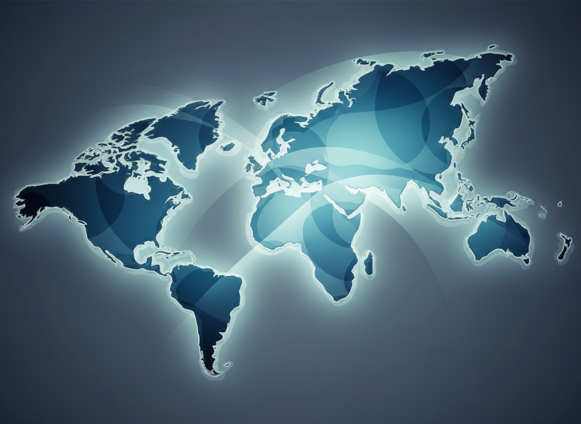 Abstract, sleek world map in the Design N Concept brand colours, matching the hero section style, with soft gradients and high contrast for readability, minimalistic and professional, no text